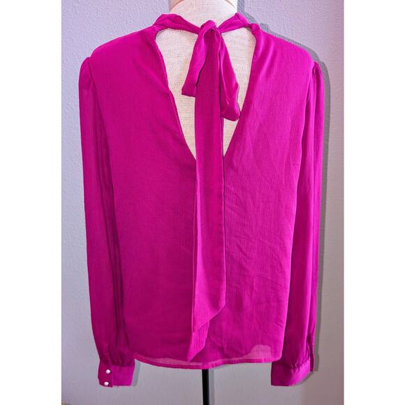 WAYF High Neck Modest Tie Neck Pearl Button Sleeve Lined Blouse Magenta Sz M - Picture 2 of 6